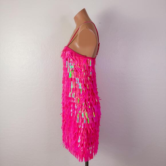 Hot Pink Fringe Sequins Mini Dress Formal Party Popstar Showgirl Girly Sz XS NWT - Picture 7 of 13